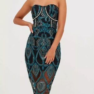 Emerald Green Sequin Embroidered Midi Dress